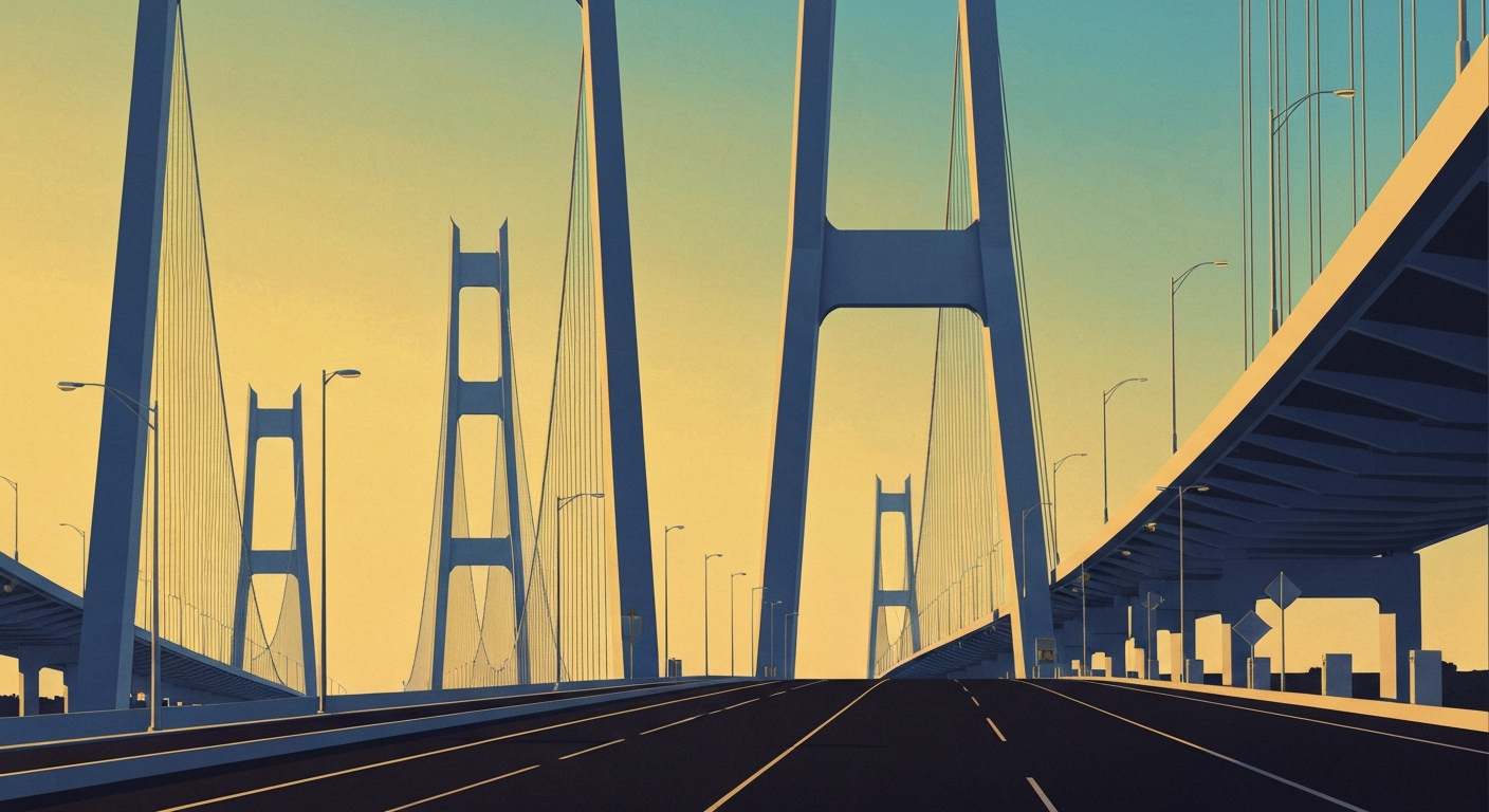 A highly stylized, geometric illustration of the Sunshine Skyway Bridge in Florida, rendered in bold, sweeping gradients and streamlined forms that capture the grand scale and romance of the structure, without any literal depiction of people or text.