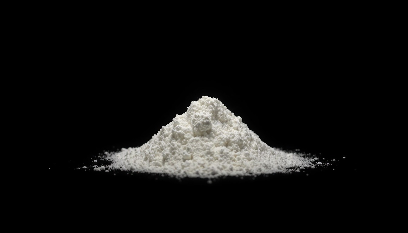 An extreme close-up photograph of a small pile of white powder and cash, lit by a harsh, direct camera flash against a pitch-black background, creating a stark, gritty, investigative aesthetic.