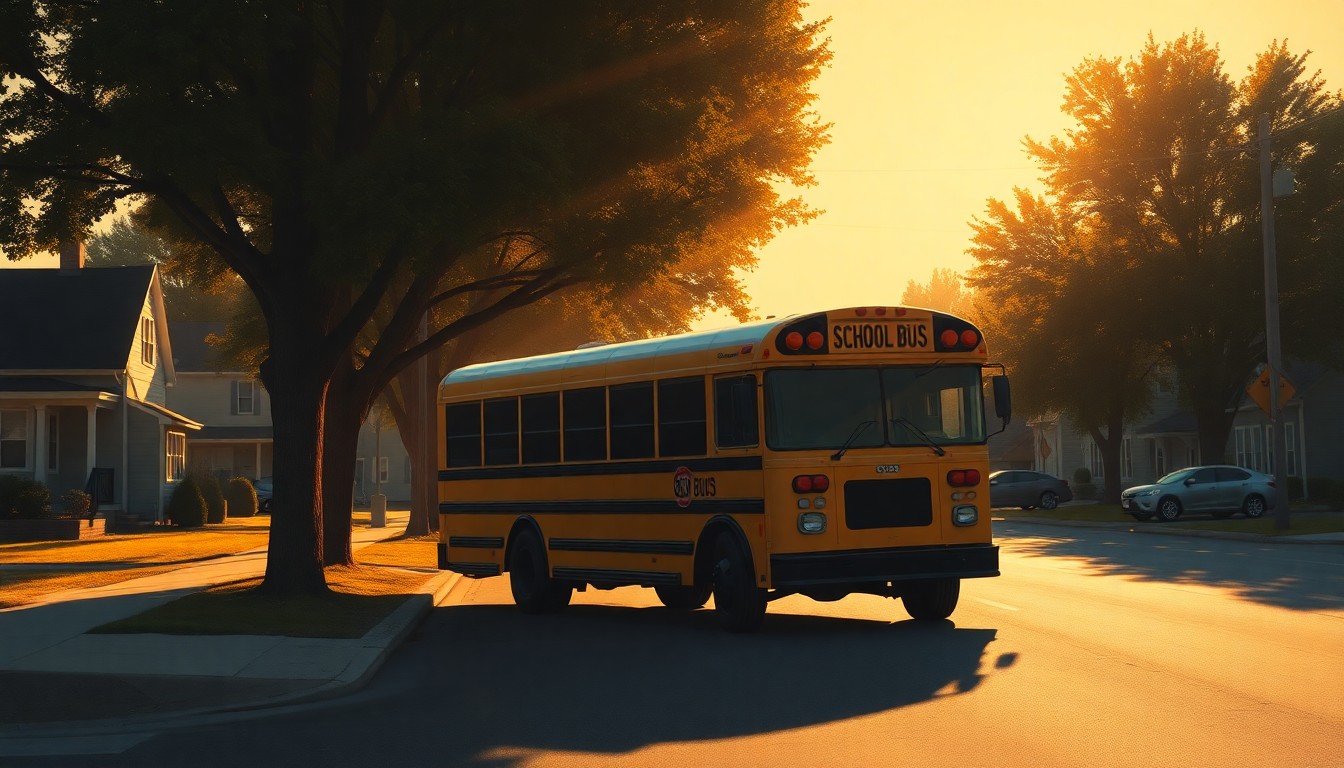 A serene, cinematic painting of a solitary yellow school bus parked on a tree-lined street, the warm sunlight casting deep shadows across the scene, conveying a sense of community investment in education infrastructure.