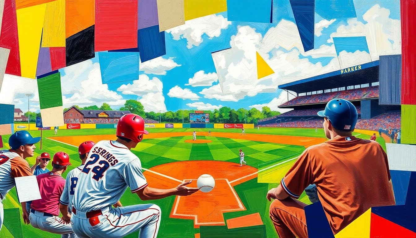 A fractured, multi-perspective painting using sharp, overlapping geometric planes in bright team colors to capture the energy of a high school baseball game.