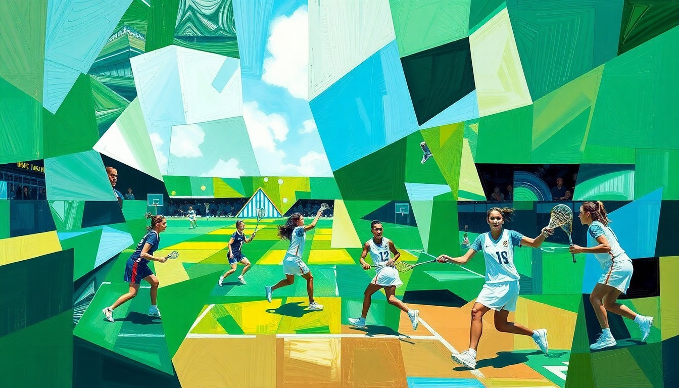 A cubist, geometric painting depicting a girls lacrosse game in motion, with overlapping planes of green, blue, and white representing the players, field, and ball.