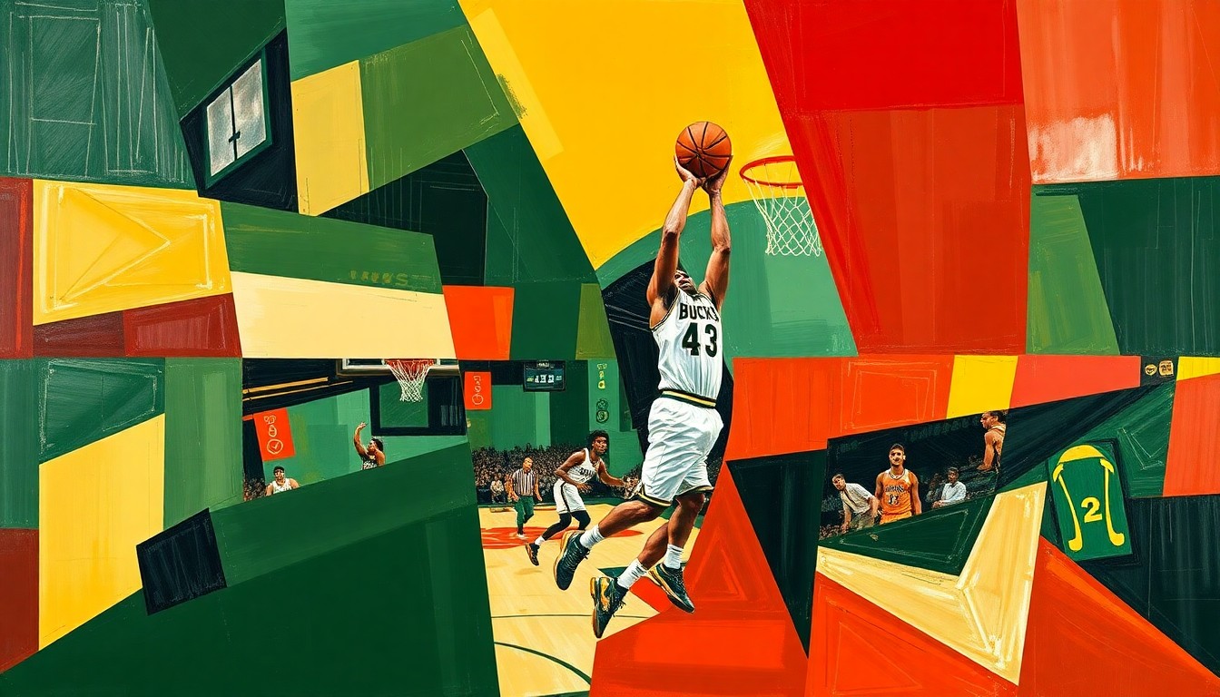 A fragmented, geometric painting in the style of Pablo Picasso, using the Bucks' team colors to depict a basketball game or player in a deconstructed, abstract manner, capturing the team's current state of disarray.