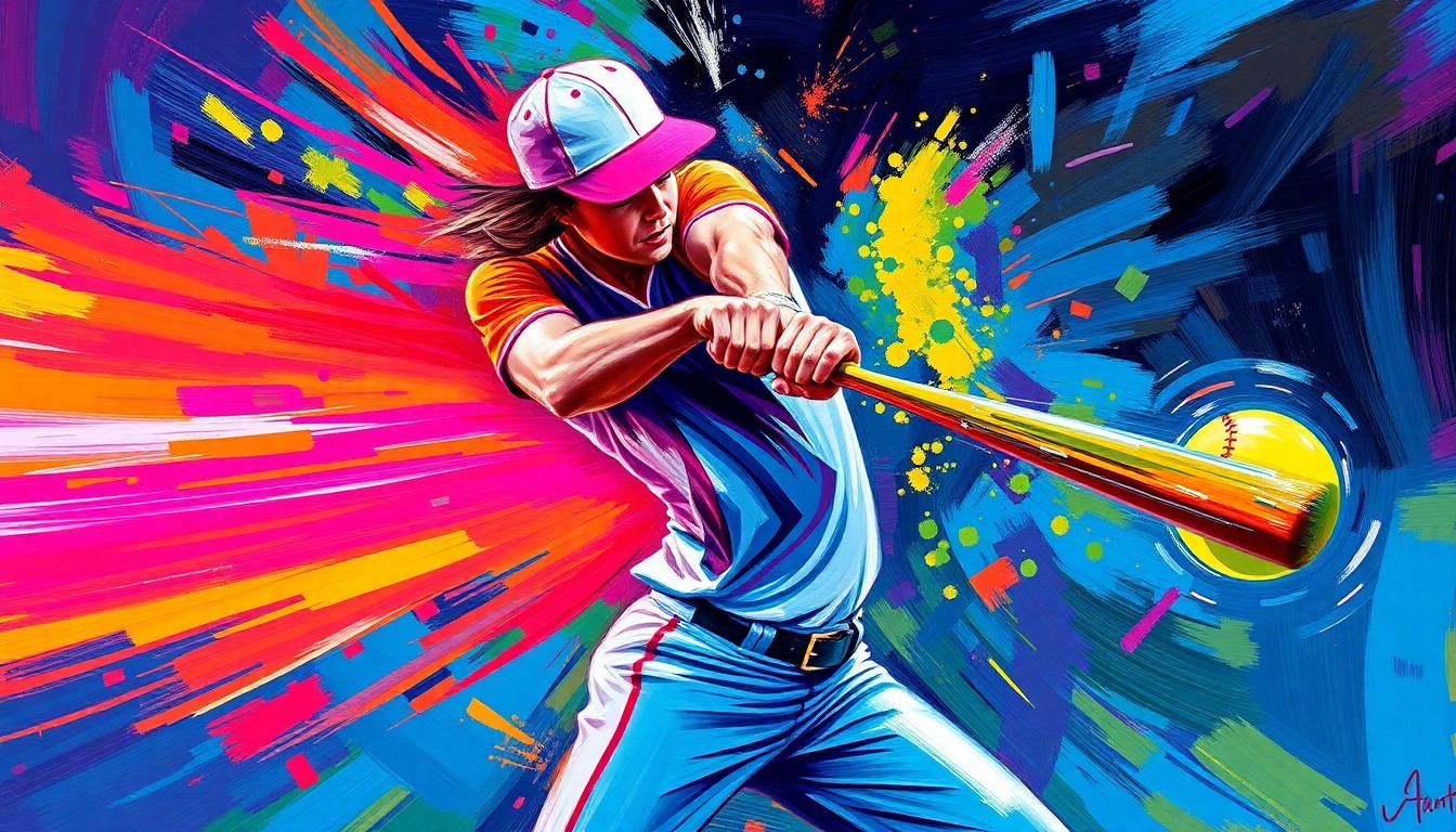 An extreme close-up of a softball player mid-swing, the bat a blur of motion and the ball a neon streak leaving the bat, capturing the raw power and energy of the game.