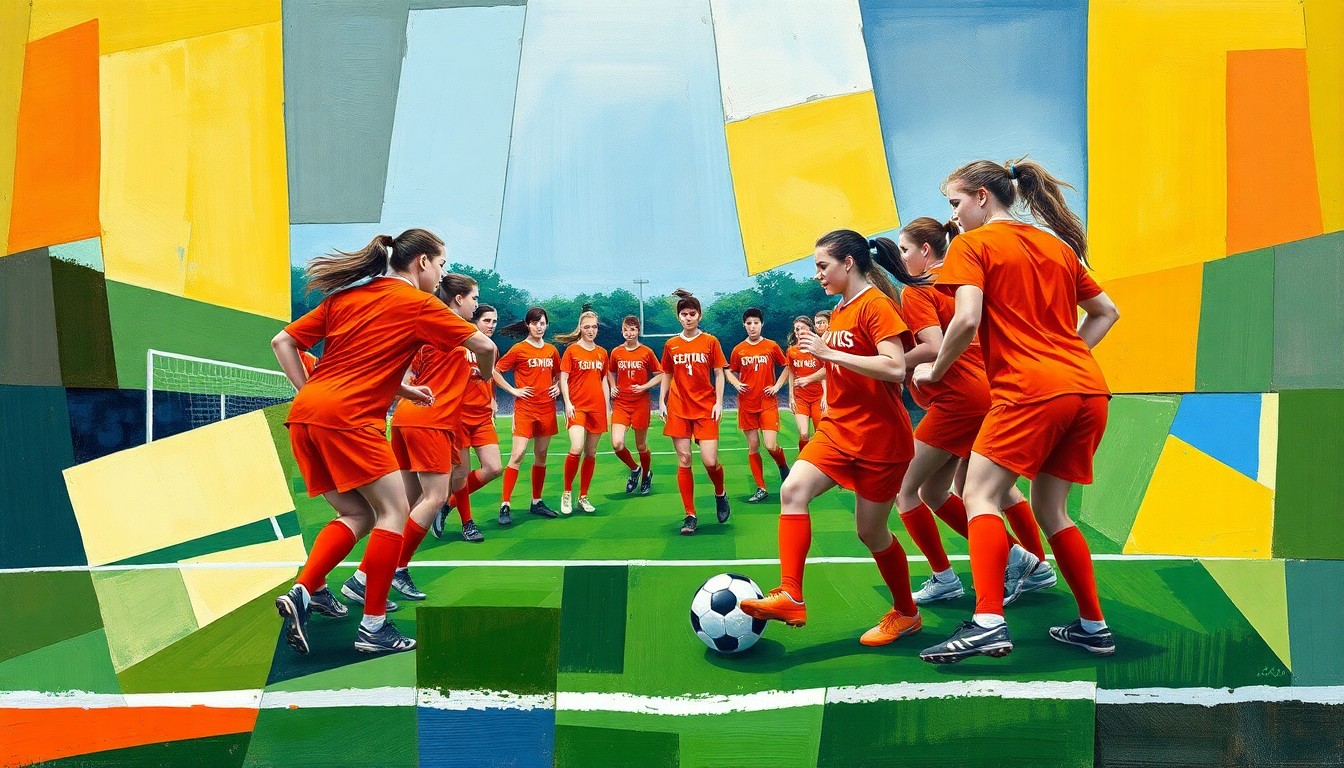 A fractured, multi-perspective painting in the style of Pablo Picasso, breaking down a girls soccer match into sharp, overlapping geometric planes of vibrant orange and green.