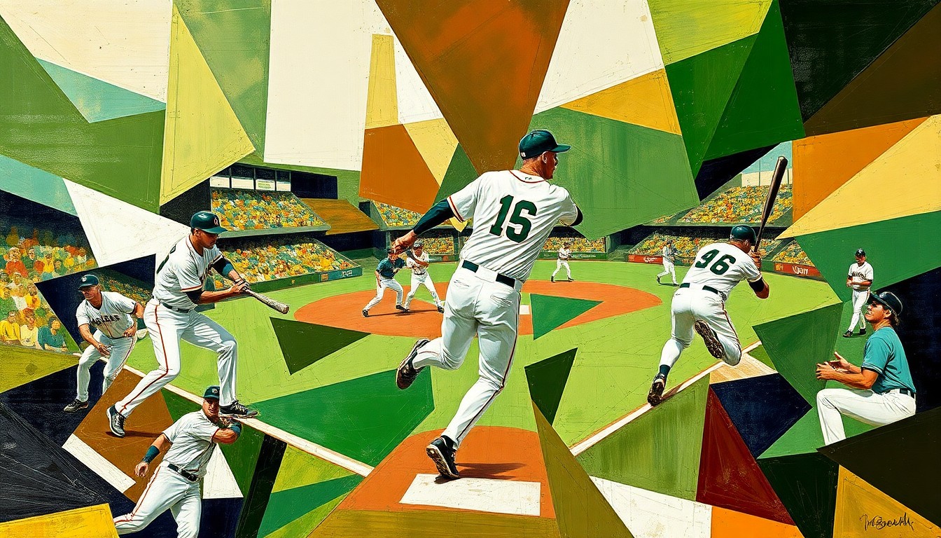 A cubist, geometric painting depicting the dynamic motion and energy of a baseball game, with the players' forms broken down into abstract shapes and planes of green, brown, and white.