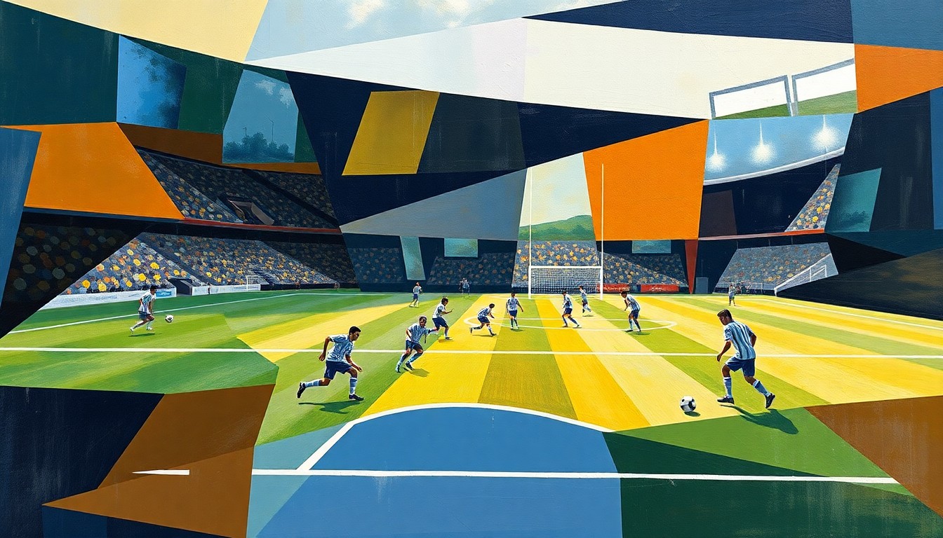 A fragmented, multi-angled painting depicting a football game or match, with the players and field broken down into sharp, overlapping geometric shapes and planes of color, creating a dynamic and abstract visual representation of the sport.