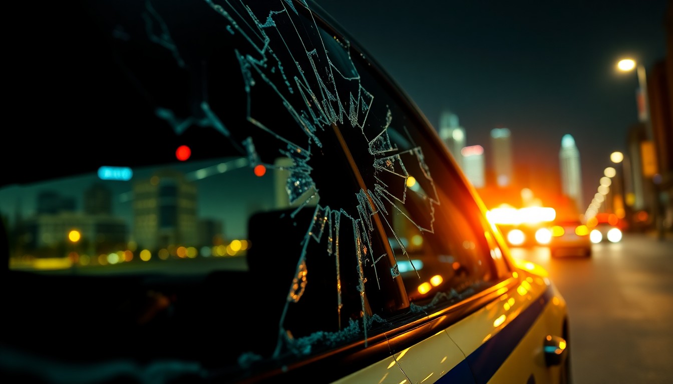 An abstract, high-contrast close-up photograph of a shattered glass surface reflecting the colorful lights of a city skyline at night, conveying the intense, high-stakes world of law enforcement that the new spinoff series will explore.