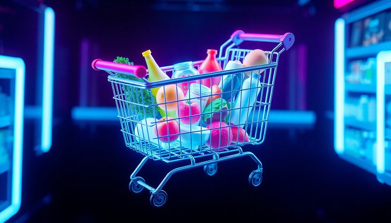 A highly detailed, glowing 3D illustration of a virtual shopping cart filled with various grocery items, including fresh produce, dairy products, and packaged goods, all illuminated by neon cyan and magenta lights. The cart is suspended in a dark, futuristic environment, symbolizing the intersection of technology and healthy, affordable food choices.