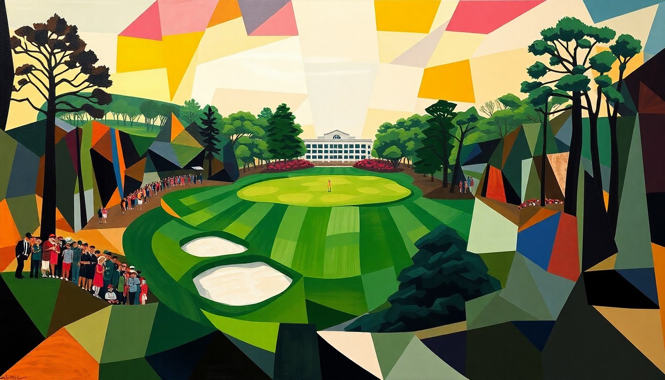 A cubist, geometric painting depicting the 15th hole at Augusta National Golf Club, with the fairway, green, and water hazard broken down into sharp, overlapping planes of color, capturing the chaotic energy and difficulty of the hole.