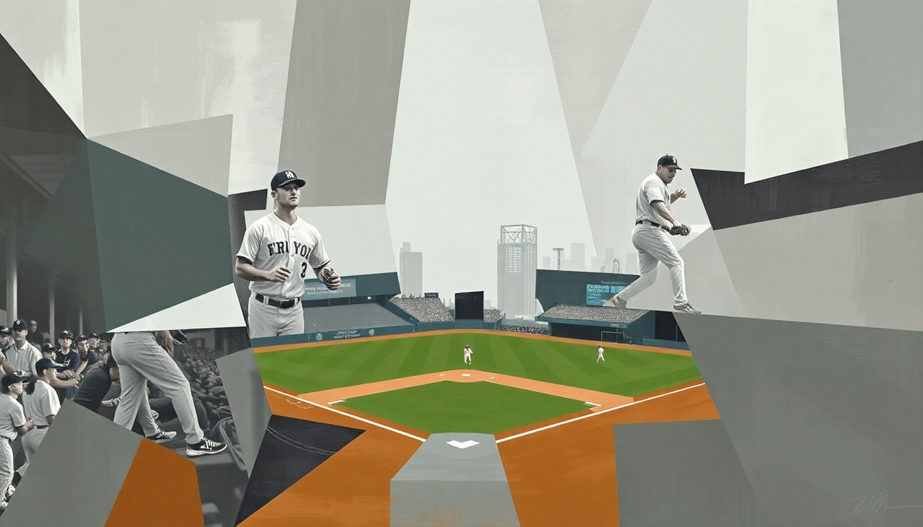 A cubist, geometric painting depicting a fragmented baseball scene with overlapping planes of muted colors, capturing the struggles of several high-profile players heading into free agency.