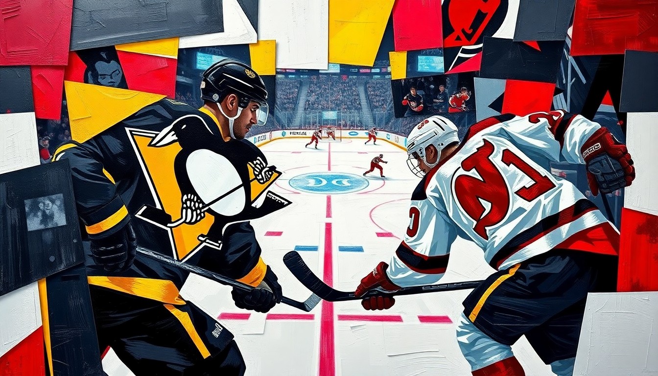 A fractured, geometric painting in bold colors depicting the dynamic action of a hockey game, with players and the puck breaking down into sharp, overlapping planes to conceptually represent the Penguins' playoff-clinching win.