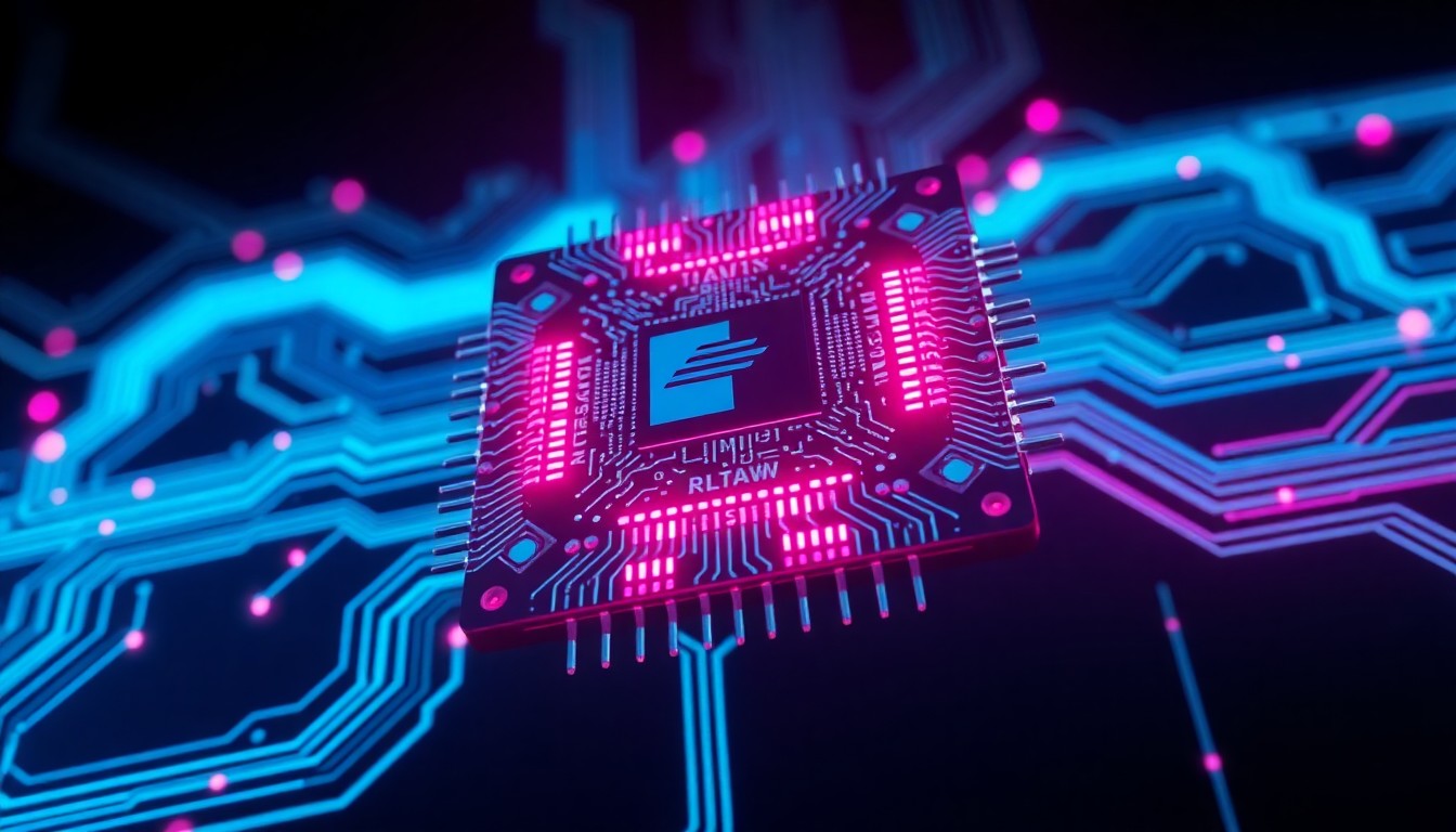 A highly detailed 3D illustration of a glowing, futuristic semiconductor chip with intricate circuit patterns illuminated by neon cyan and magenta lights, set against a dark, moody background, conceptually representing the cutting-edge technology and innovation at the heart of the new Texas A&M Semiconductor Institute.