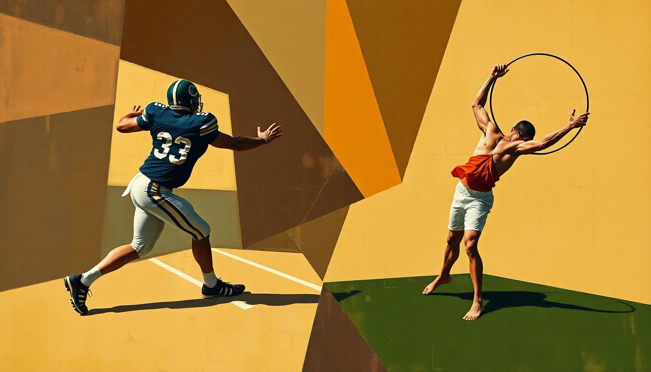 A fractured, cubist-style painting depicting the overlapping geometric forms of a football player blocking and a discus thrower, conveying the multifaceted athleticism of the subject.