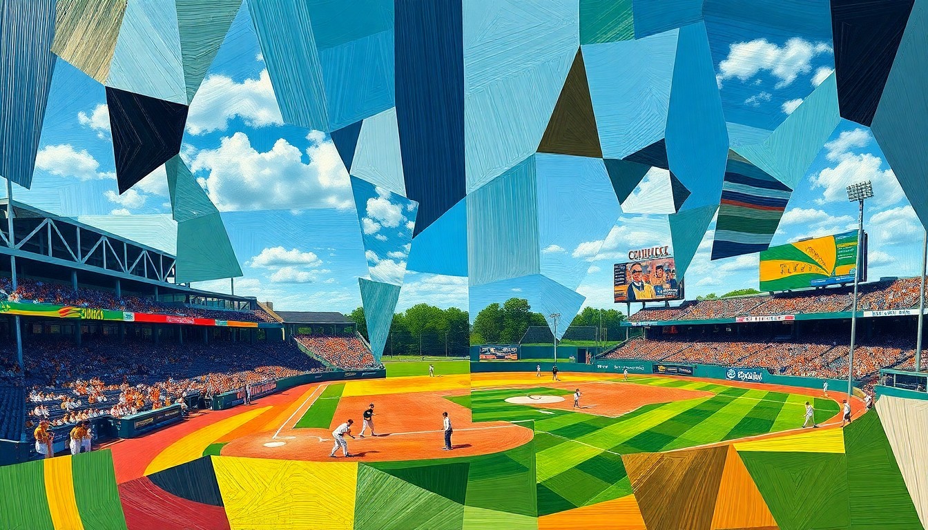 A cubist, geometric painting depicting the fractured, multi-perspective action of a college baseball game, with sharp, overlapping planes of color and form representing the intense emotions and high stakes of the matchup.