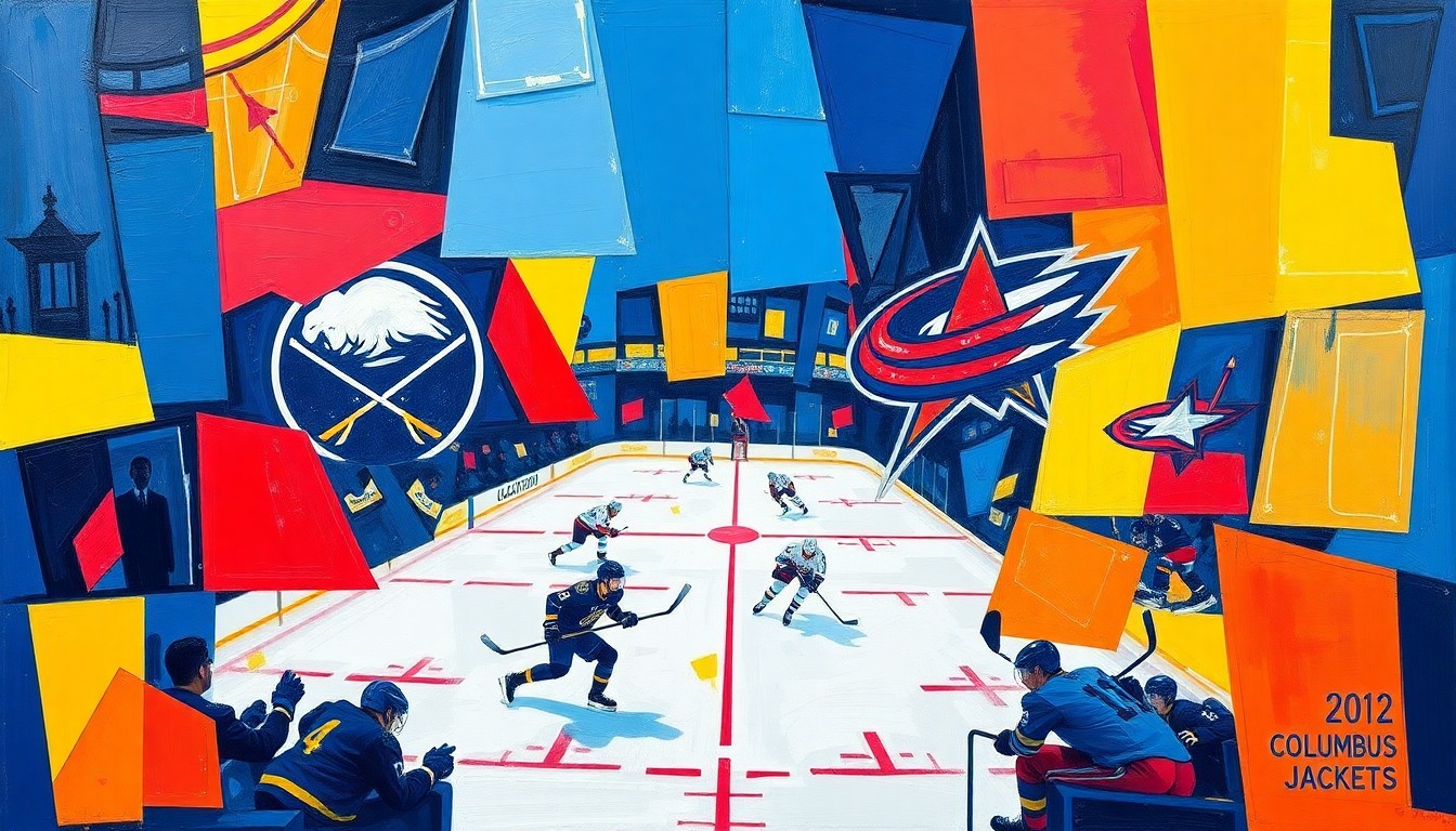 A cubist, geometric painting depicting a hockey game in progress, with sharp, overlapping planes of blue, red, and yellow representing the players and action on the ice.