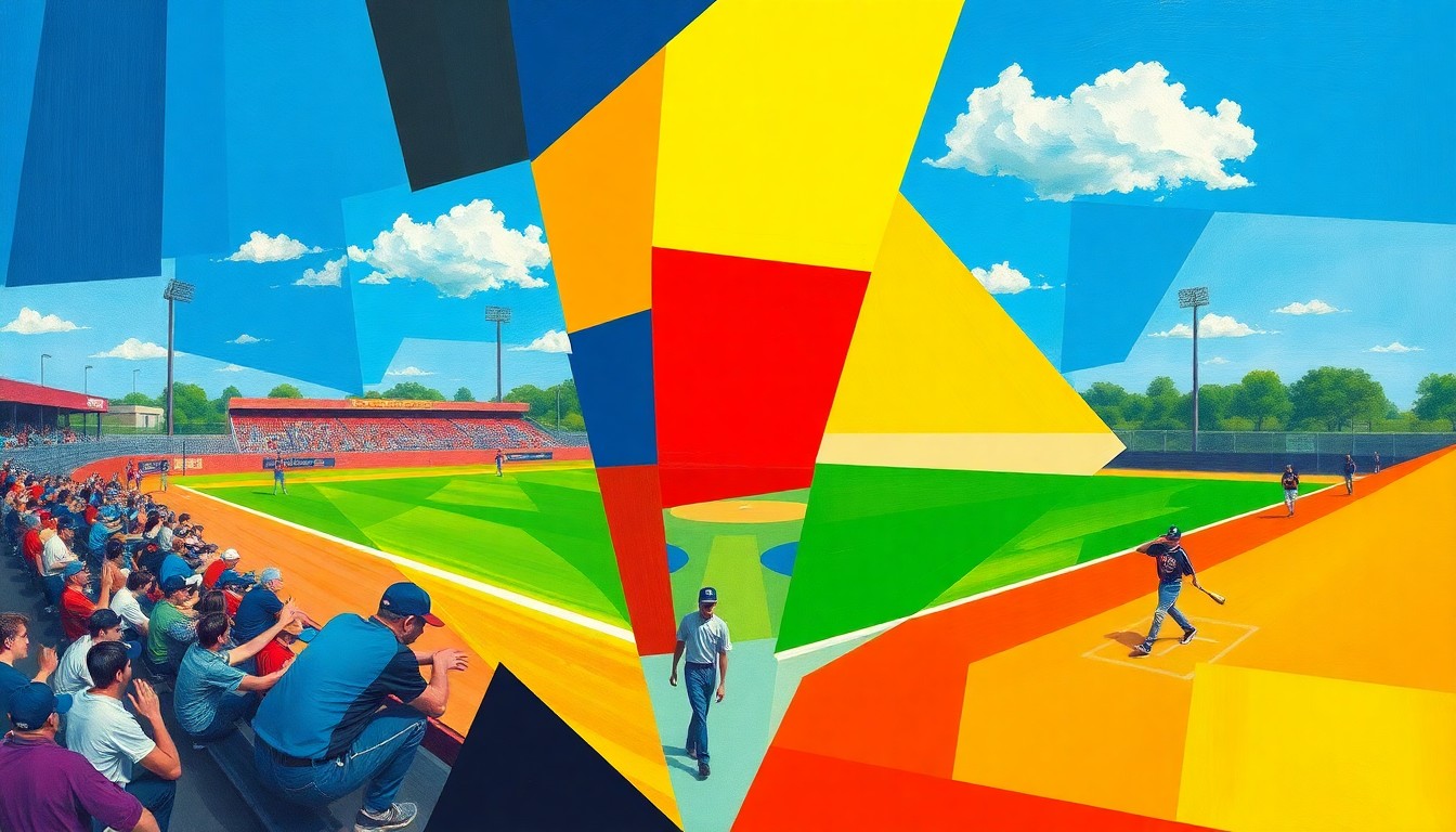 A fragmented, geometric painting in bold primary colors depicting the dynamic action of a high school softball game, with players and the field broken down into sharp, overlapping planes.