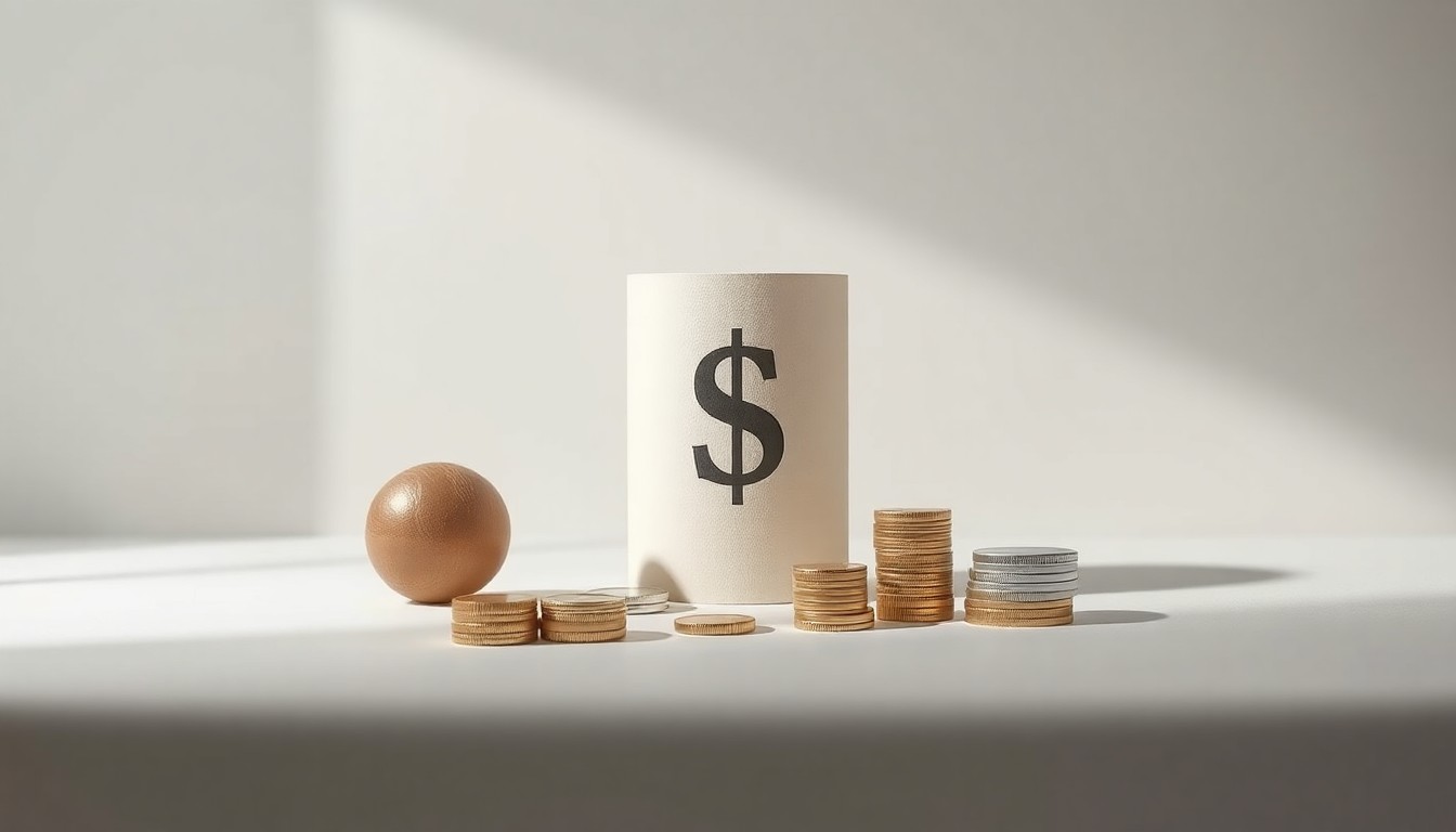 A minimalist studio still life featuring a stack of glossy business documents, a pen, and a calculator on a clean white background, conceptually representing the strategic financial decisions behind employer health benefits.
