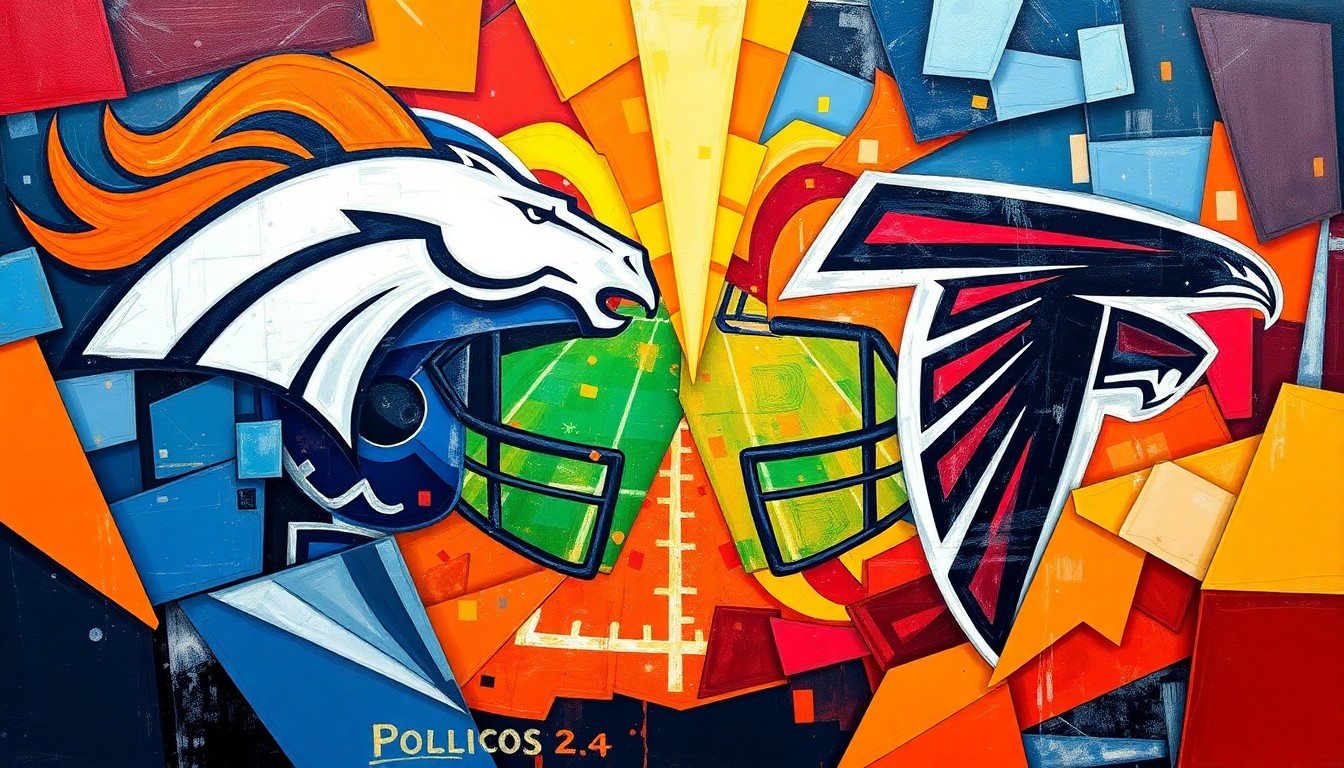 A cubist, geometric painting depicting a football game between the Denver Broncos and Atlanta Falcons, with the players and field broken down into sharp, overlapping planes of color.