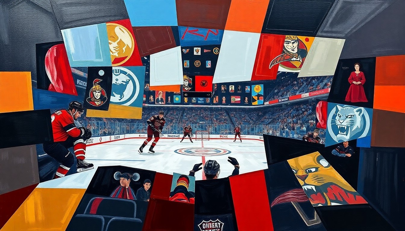 A cubist-style painting depicting a hockey game, with the players and ice rink broken down into overlapping geometric shapes and planes in shades of blue, red, and yellow, capturing the dynamic movement and energy of the sport.