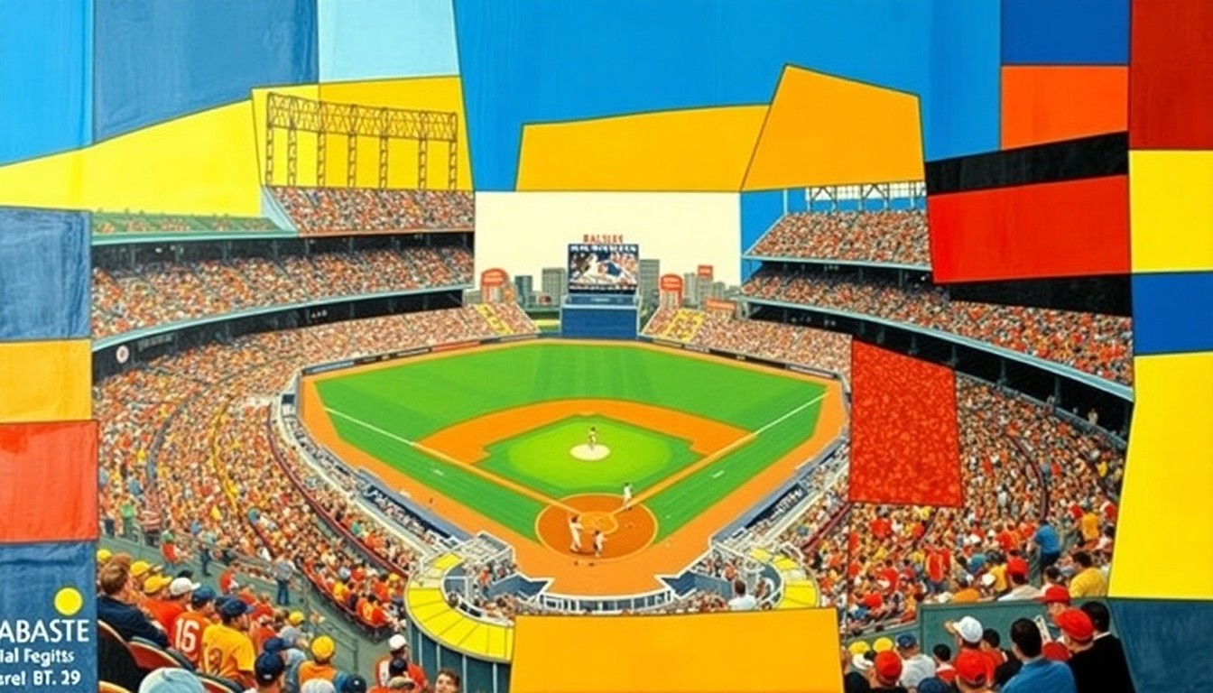 A cubist-style painting featuring overlapping geometric shapes and planes in shades of blue, red, and gold, conceptually representing a baseball stadium, players, and fans in a dynamic, abstract composition.
