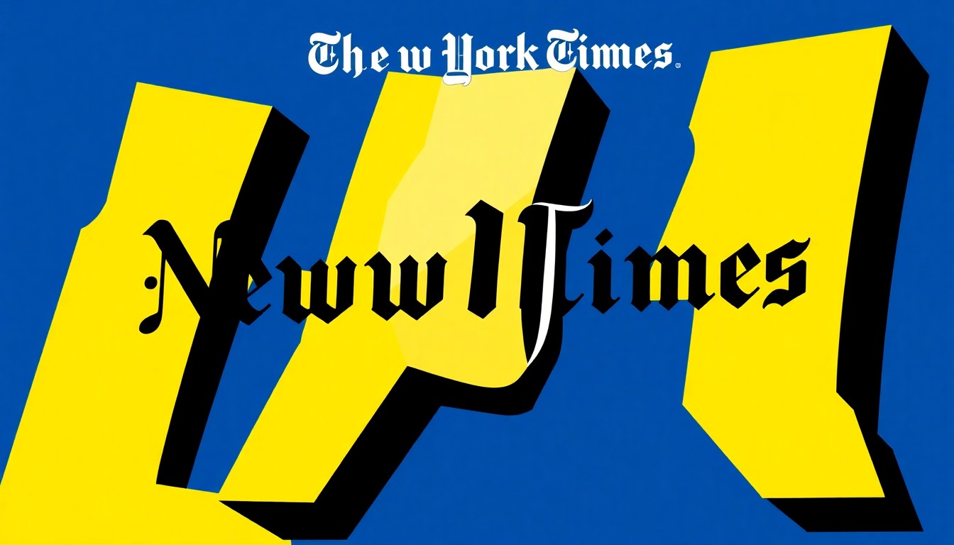 A bold, graphic composition of jagged, overlapping black silhouettes and shapes in vibrant blue, yellow, and white, conceptually representing the iconic New York Times crossword puzzle.