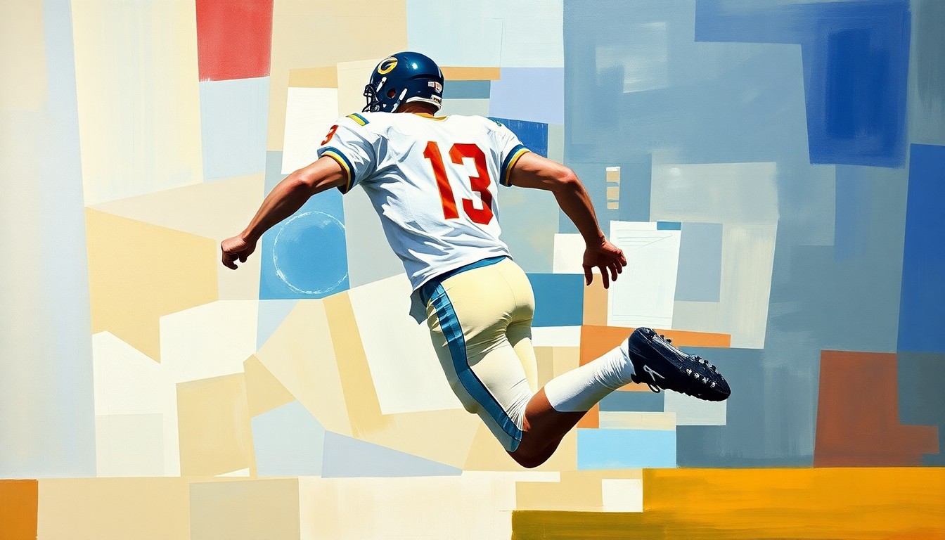 A fragmented, geometric painting depicting a football player in motion, with sharp planes of color and form representing the raw power and dynamism of the sport.