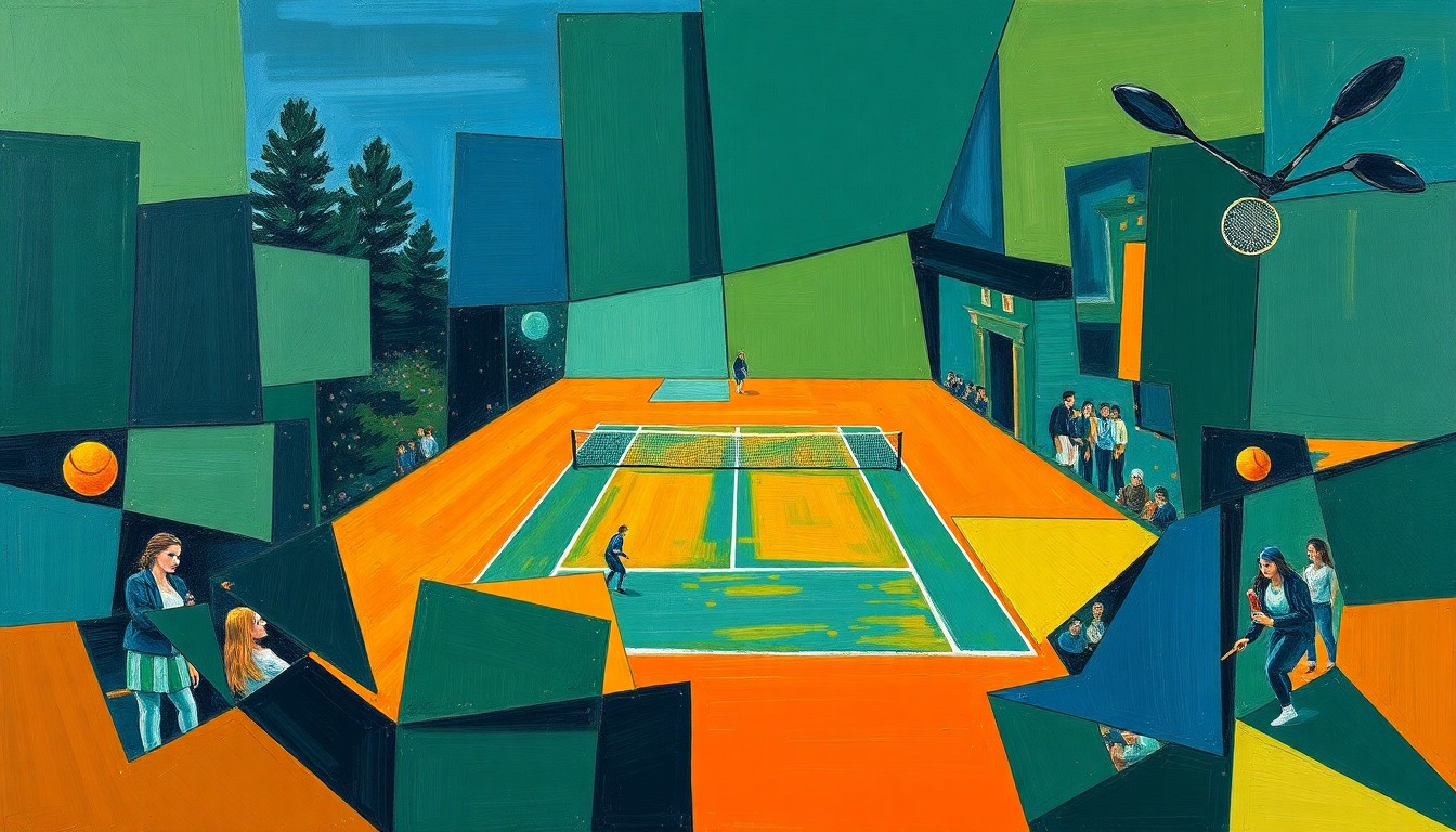 A cubist, geometric painting depicting a fragmented tennis match, with overlapping planes of navy, green, and orange colors representing the dynamic action on the court.