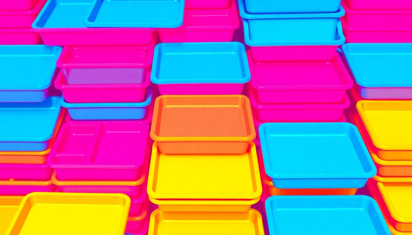 A stylized grid of brightly colored school lunch trays in neon blue, pink, and yellow, conceptually representing the push for free meals in North Dakota schools.