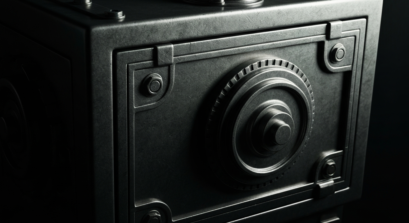 A cinematic close-up of a heavy, metal safe deposit box with intricate mechanical details, representing the Riddicks' accumulated wealth and financial security.
