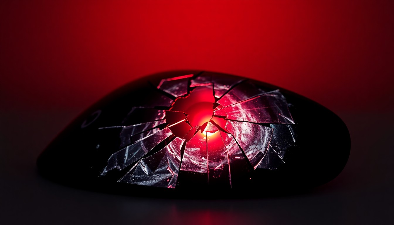 An extreme close-up of a shattered car sensor lens reflecting a faint red light, conceptually illustrating the vandalism of self-driving cars.