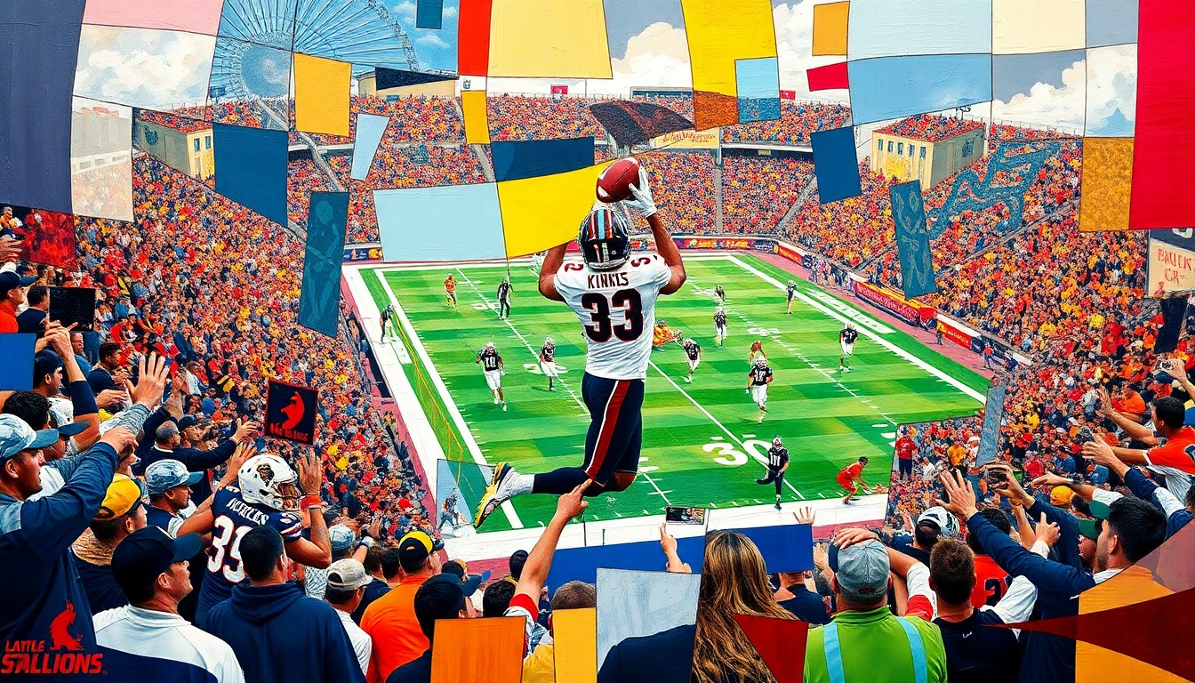 A fractured, multi-perspective painting depicting a football game, with players' movements and the crowd's energy represented through sharp, overlapping geometric planes. The focal point is the game-winning touchdown catch.