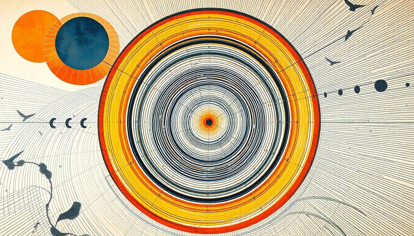 A bold, abstract painting in soft, flat colors featuring sweeping geometric arcs, concentric circles, and precise spirals, conveying the structural order and interconnected forces behind a large-scale solar energy initiative.