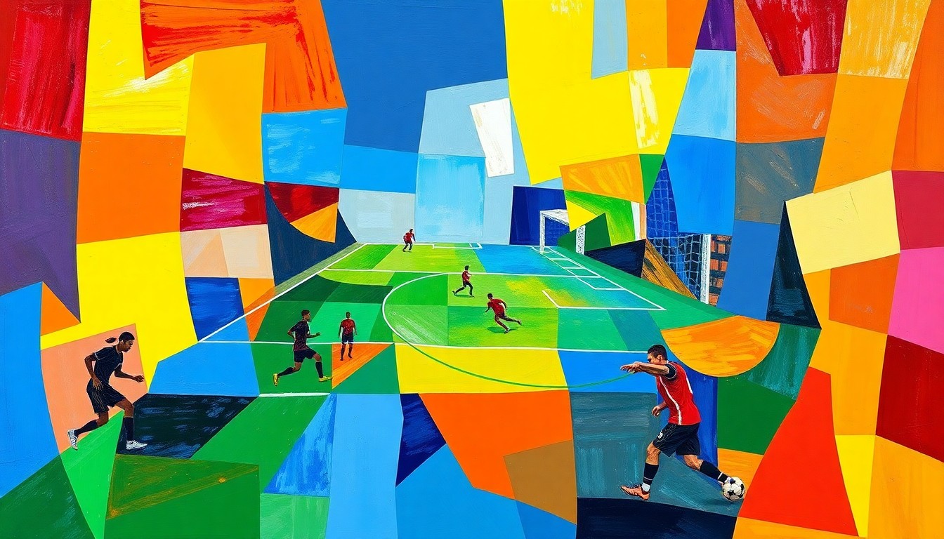 A cubist-style painting depicting a fragmented soccer match or training session, with sharp geometric shapes and planes in the team's official colors, representing the complex dynamics of building a successful squad.