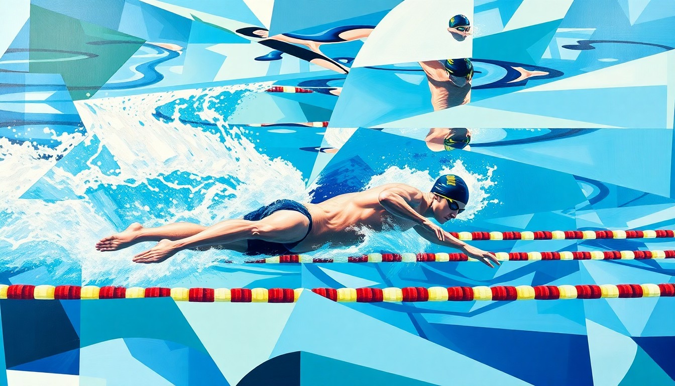 A cubist, geometric painting depicting an abstract swimming competition, with overlapping planes of blues, greens, and whites representing the water and athletic movement.