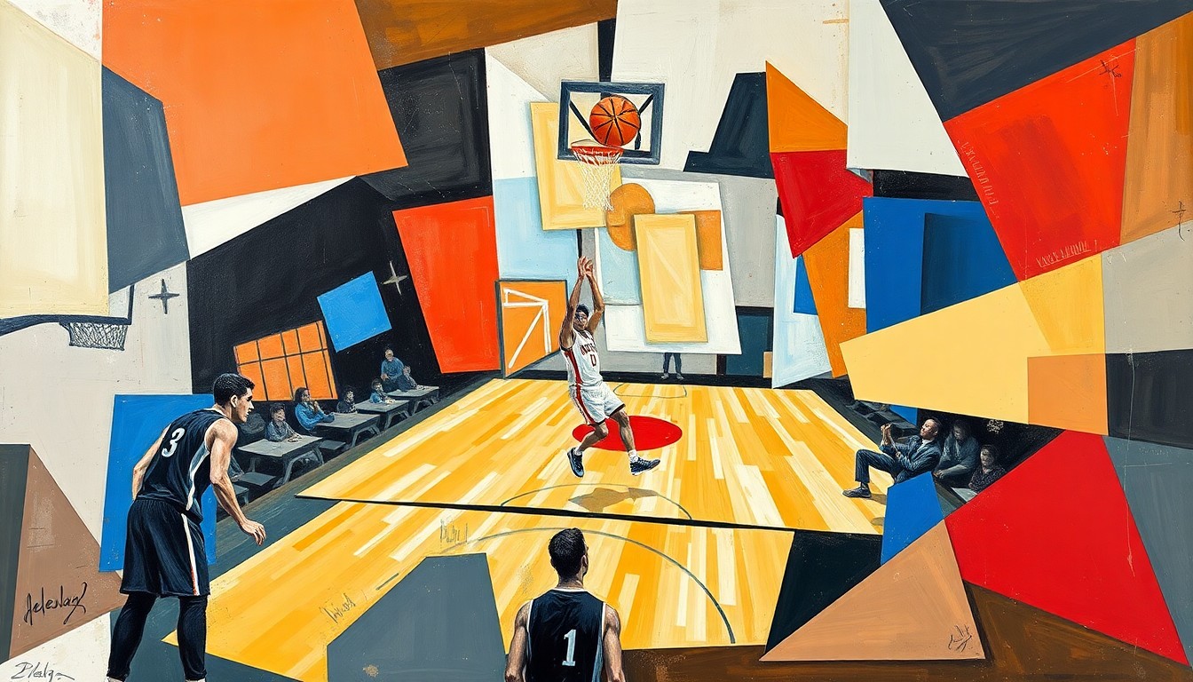 A cubist-style painting featuring overlapping geometric shapes and planes in vibrant colors, representing the dynamic movements and energy of a basketball game or match involving Cooper Flagg.
