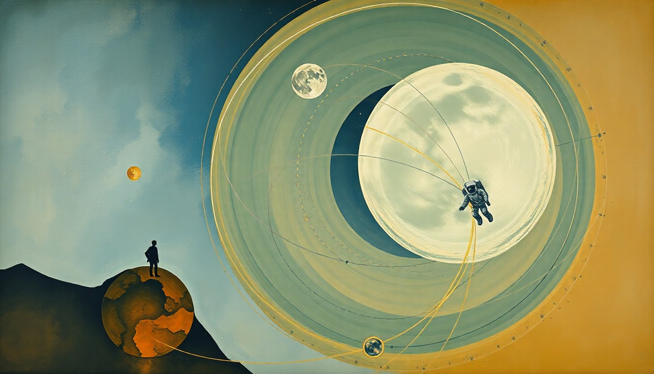 A highly textured, abstract painting in muted earth tones featuring sweeping geometric arcs, concentric circles, and precise botanical spirals, representing the emotional bond between an astronaut in space and their family on Earth.