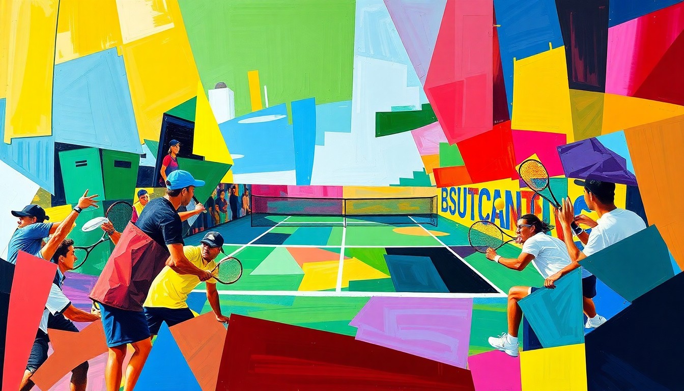 A cubist, geometric painting depicting a tennis match in motion, with overlapping planes of color representing the players and the court. The image captures the dynamic energy and tension of the sport without any recognizable faces or logos.