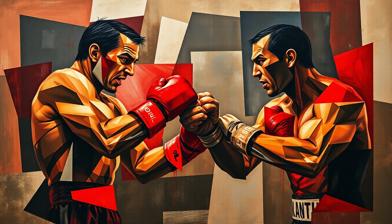 A fractured, cubist-style painting depicting the intense physicality of a bare-knuckle boxing match, with sharp geometric shapes and planes of deep red, brown, and grey colors conveying the raw power and aggression of the sport.