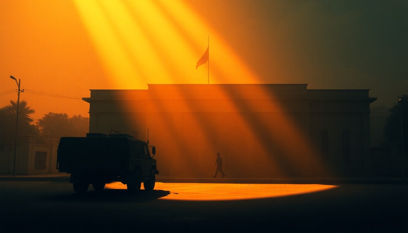 A serene, photorealistic painting of a military vehicle or government building in Myanmar, its details obscured by warm, golden light and deep shadows, conveying a sense of political unease and uncertainty.