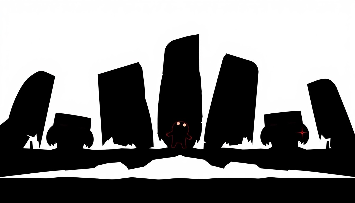 A stark, minimalist composition of jagged geometric shapes and heavy black silhouettes in high-contrast red and white, conceptually representing the brutal, unforgiving nature of the Super Meat Boy 3D platforming experience.
