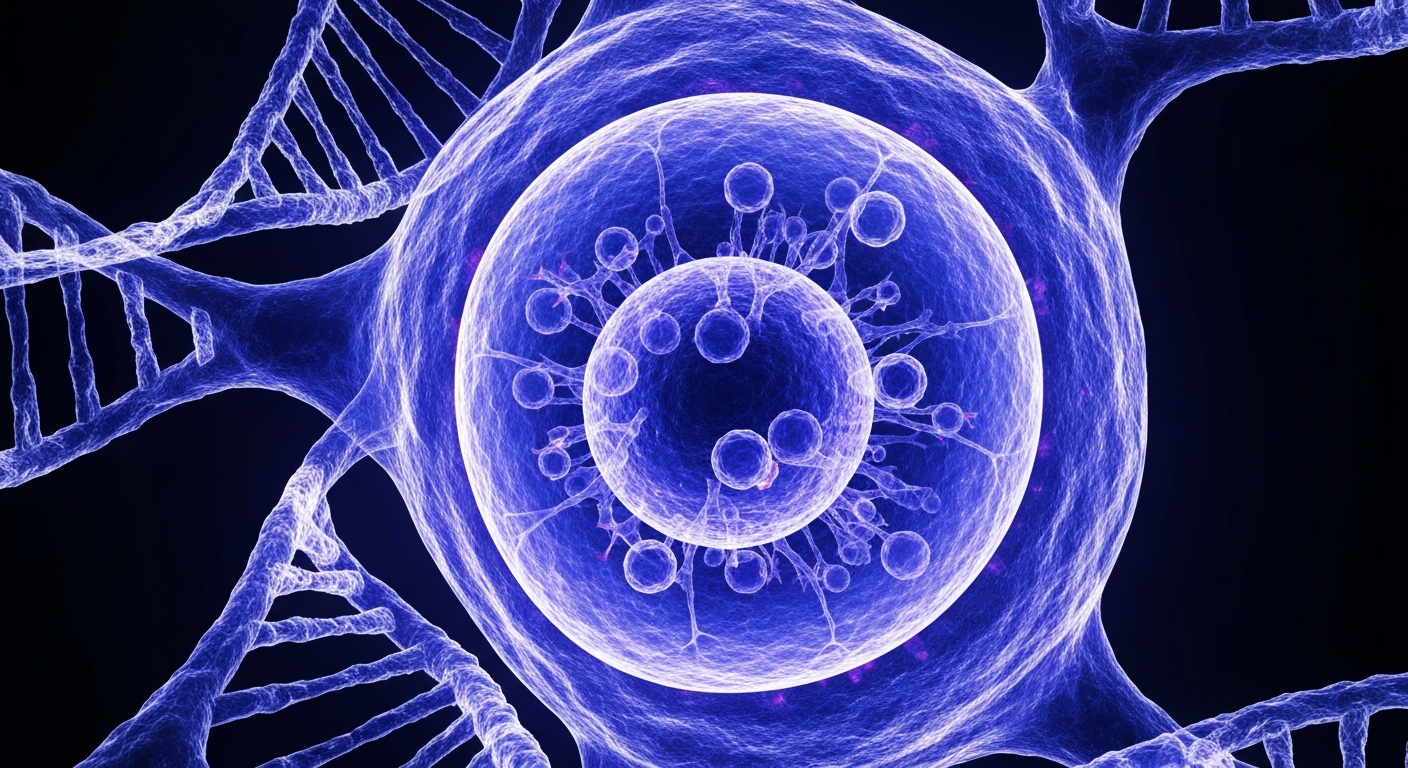 A highly detailed, translucent X-ray image of a human cell nucleus, revealing the intricate internal structures and DNA strands in vibrant blue and purple hues, conceptually representing the groundbreaking cancer research happening at MD Anderson Cancer Center.