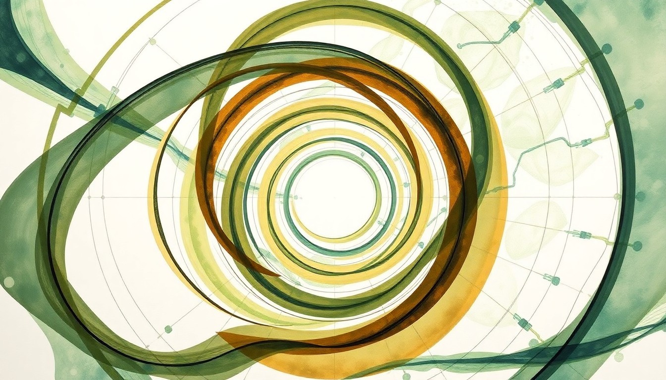 A highly textured abstract painting in soft, earthy tones of green, brown, and blue, featuring sweeping geometric arcs, concentric circles, and precise botanical spirals, conceptually representing the complex molecular structure and dynamic ion flow of a new polymer electrolyte material.