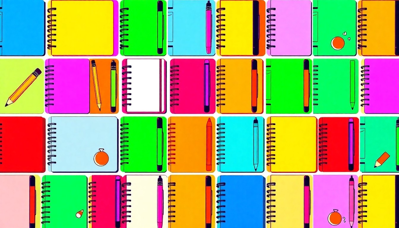 A bold, vibrant silkscreen print featuring a repeating pattern of a single school supply item, such as a pencil or notebook, in a grid of neon colors and heavy black outlines, conceptually representing the united front of LAUSD educators fighting for better working conditions.