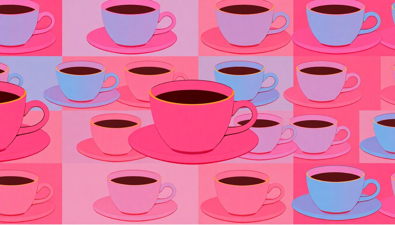 A high-contrast, silkscreen-style illustration featuring a repeated pattern of a stylized coffee cup or plate in a grid of bright, neon colors, conceptually representing the debate over phone usage in restaurants.