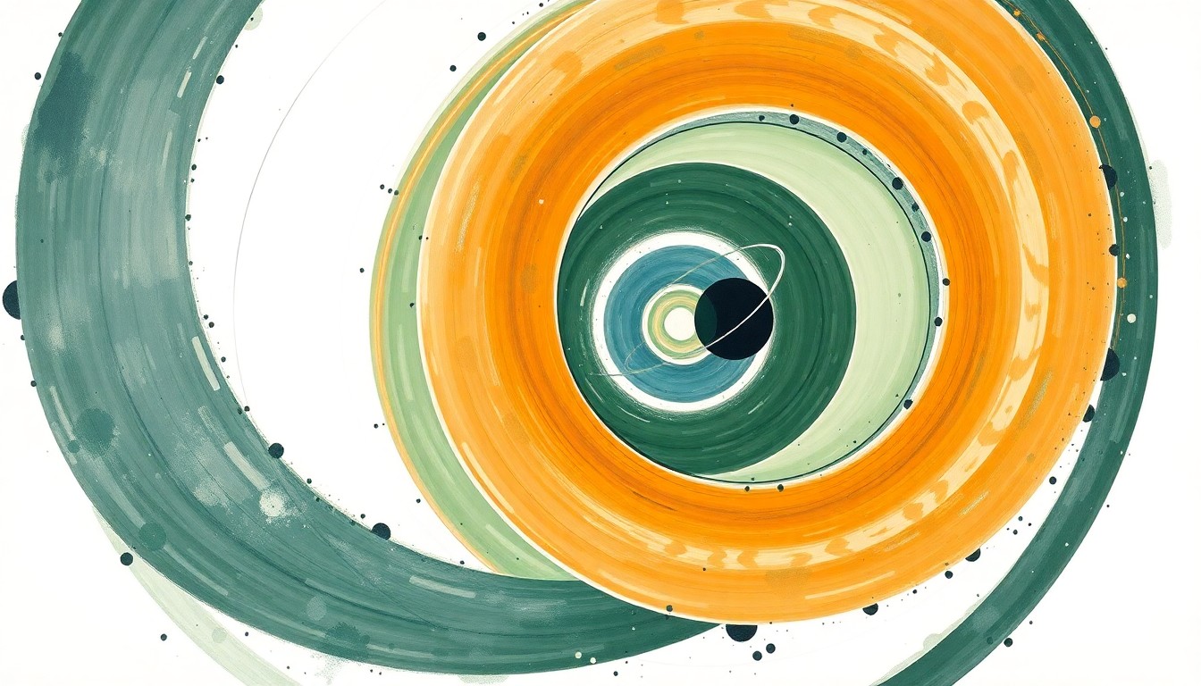 A highly structured abstract painting in soft, earthy tones of green, blue, and orange, featuring sweeping geometric arcs, concentric circles, and precise spirals, conceptually representing the complex scientific forces and transformative potential of the CRS-24 mission to the International Space Station.