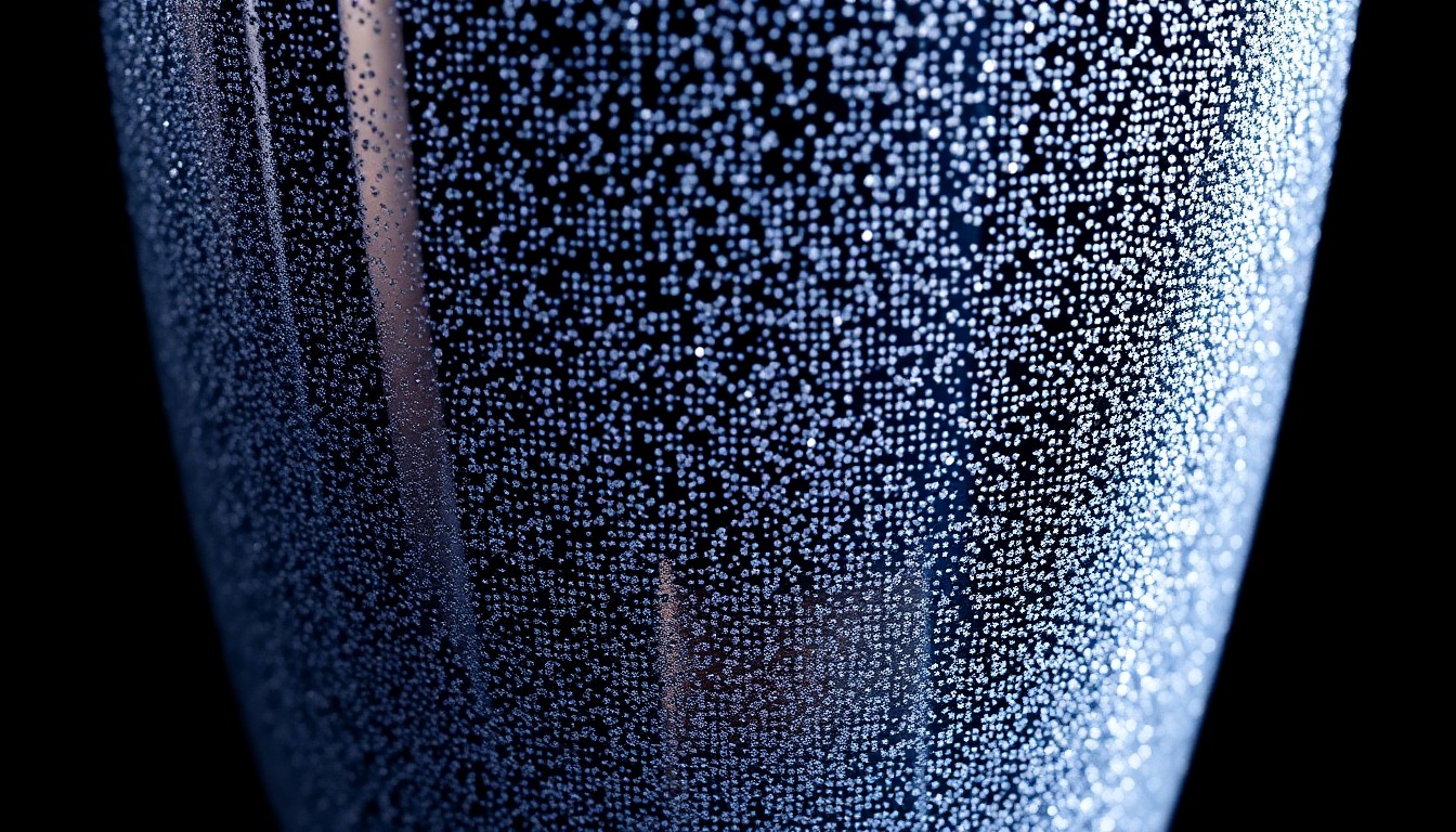 An extreme close-up of a shimmering, glittery tumbler surface, capturing the luxurious, high-fashion aesthetic of the Kaiju Stitch Tumbler design.