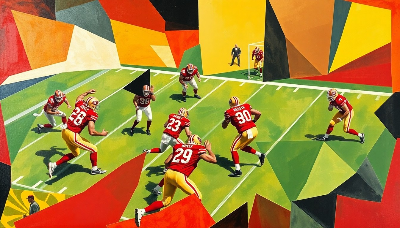 A fractured, cubist-style painting depicting a football game or match, with the players' bodies and the field abstracted into sharp, overlapping geometric shapes in a vibrant color palette, capturing the tension and risk inherent in the 49ers' free agent decisions.