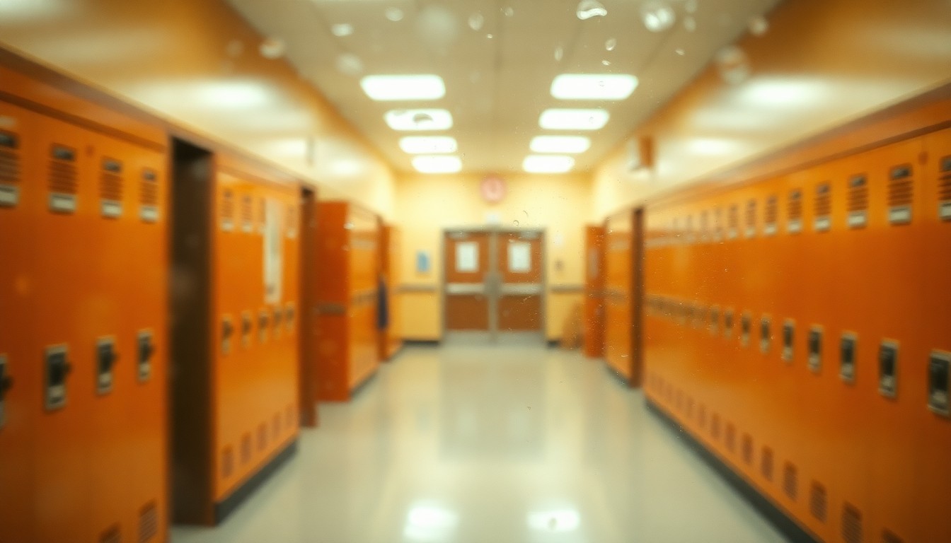 An extremely blurred and abstracted scene of a school hallway with lockers and classroom doors, captured in a warm, hazy light, conveying a sense of disruption and uncertainty.
