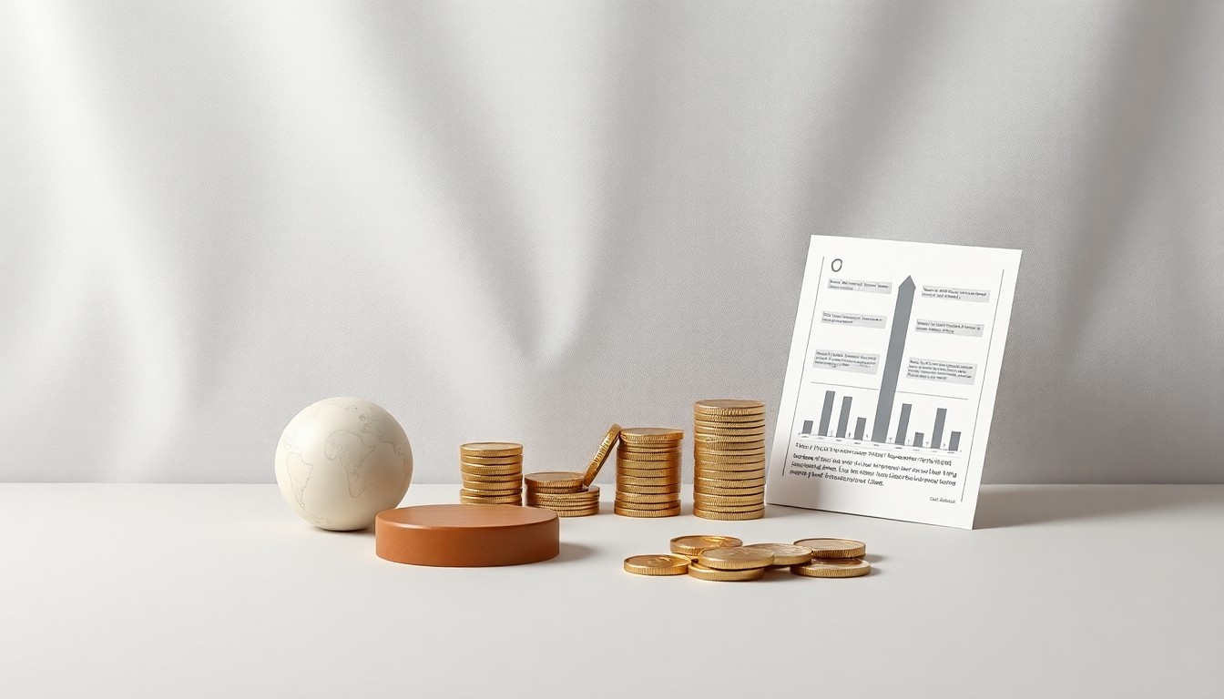 A high-end, photorealistic studio still-life photograph featuring simple, premium objects arranged elegantly on a clean, monochromatic background, symbolizing the abstract concepts of corporate strategy, finance, and market uncertainty.