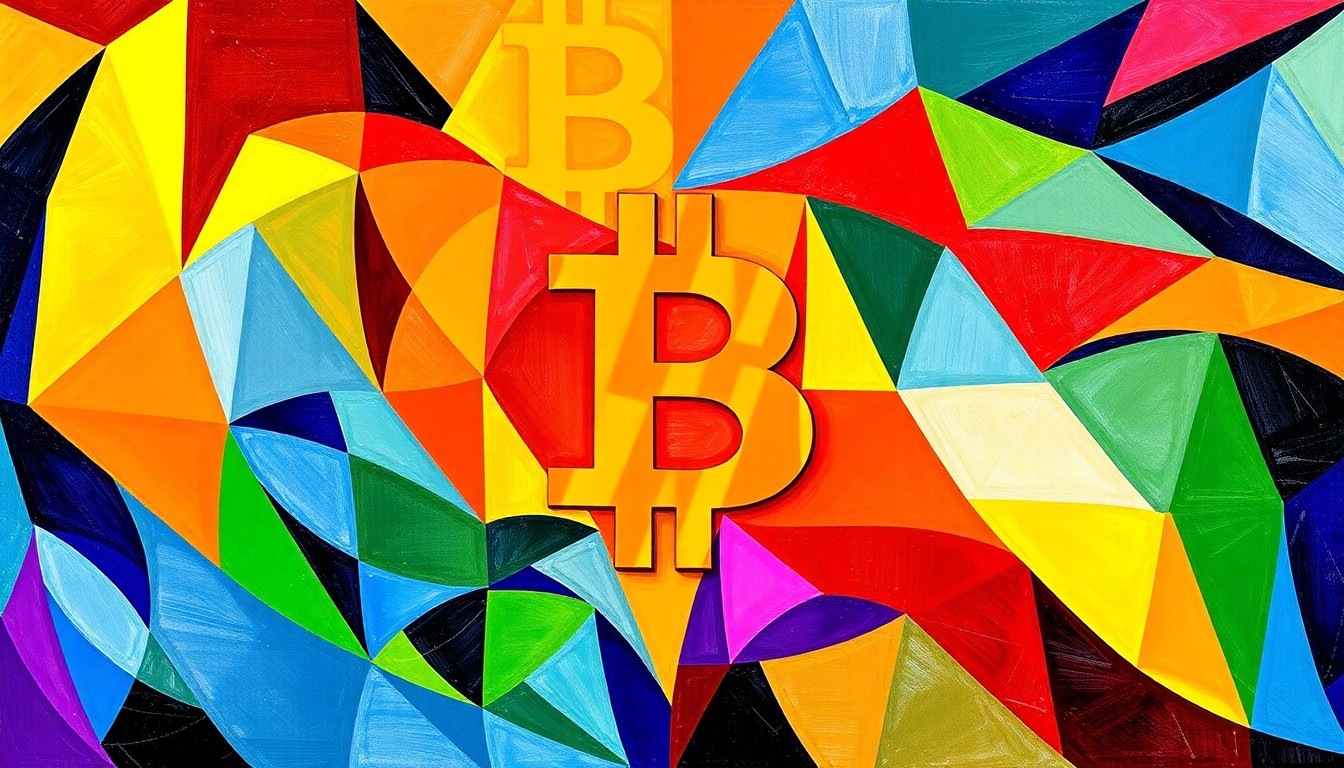 A dynamic, abstract painting featuring overlapping, fractured geometric shapes in shades of blue, green, and orange, conceptually representing the disruptive power of cryptocurrency in the political sphere.